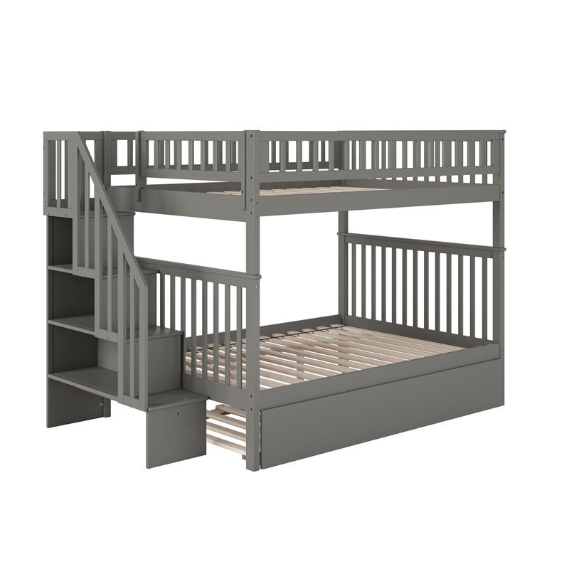 AFI Woodland Full Over Full Staircase Trundle Wood Bunk Bed in Grey
