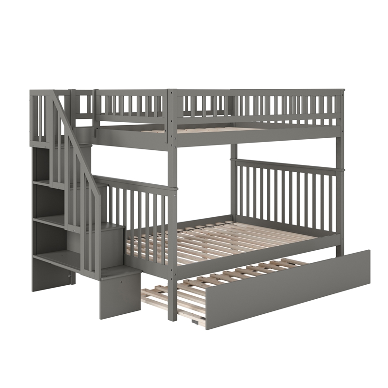 AFI Woodland Full Over Full Staircase Trundle Wood Bunk Bed in Grey