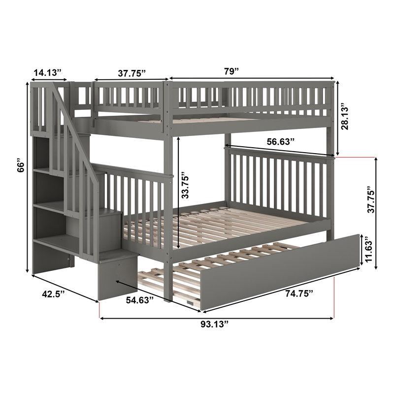 AFI Woodland Full Over Full Staircase Trundle Wood Bunk Bed in Grey