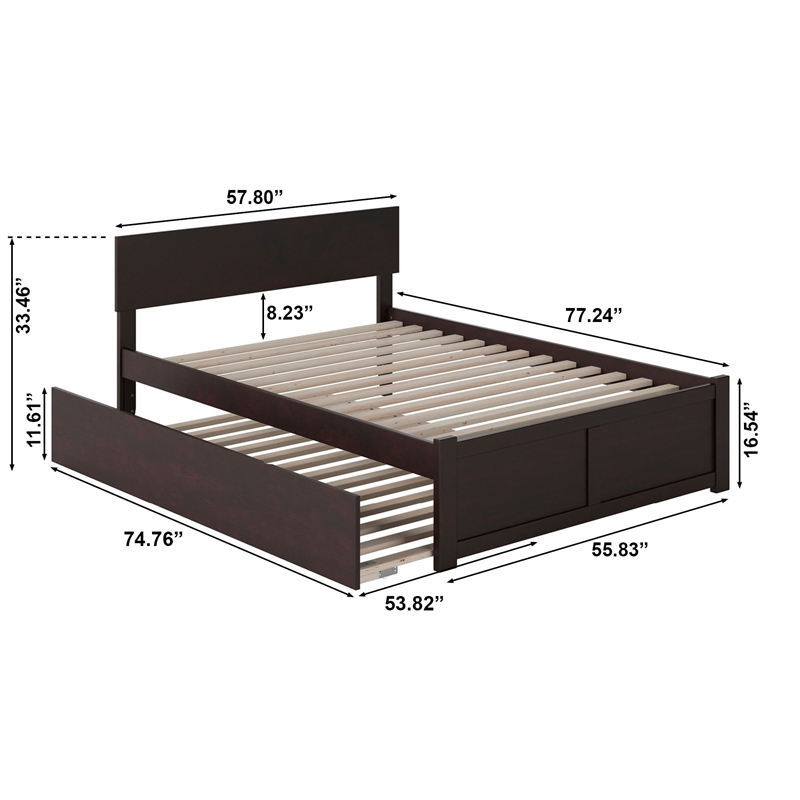 Orlando Full Wood Platform Bed with Footboard and Full Trundle in Espresso