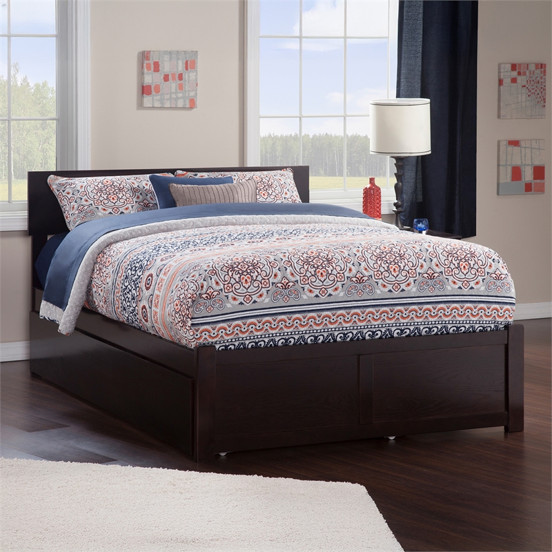 Orlando Full Wood Platform Bed with Footboard and Full Trundle in Espresso