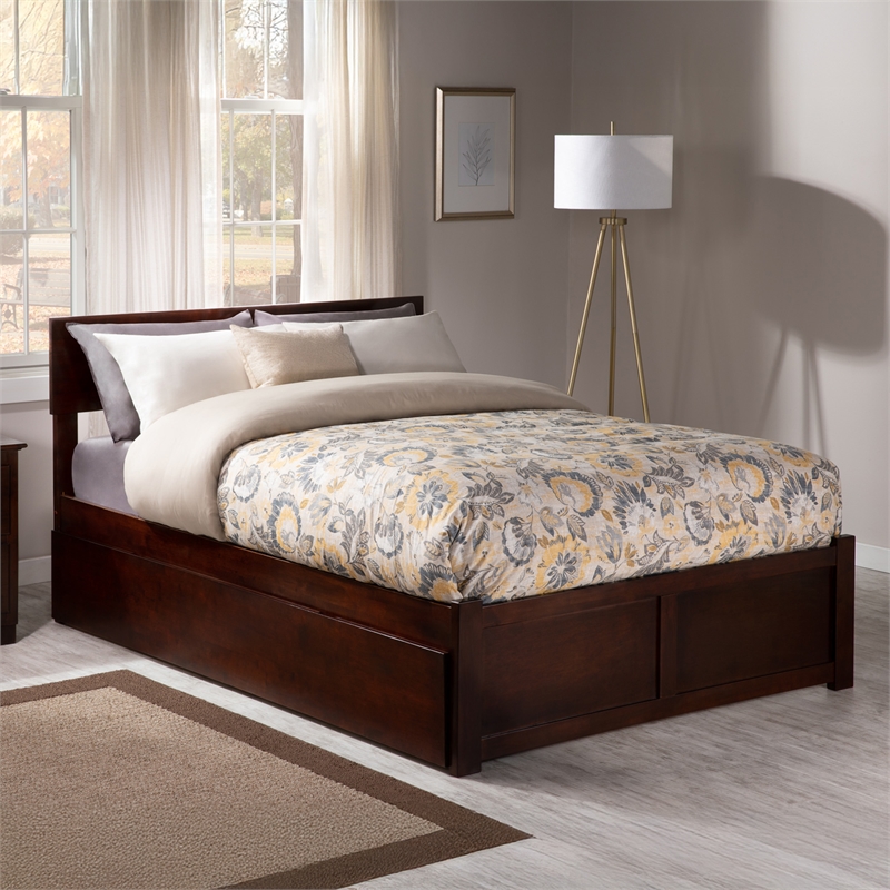Orlando Full Wood Platform Bed with Footboard and Full Trundle in Walnut