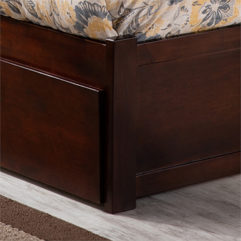 Orlando Full Wood Platform Bed with Footboard and Full Trundle in Walnut