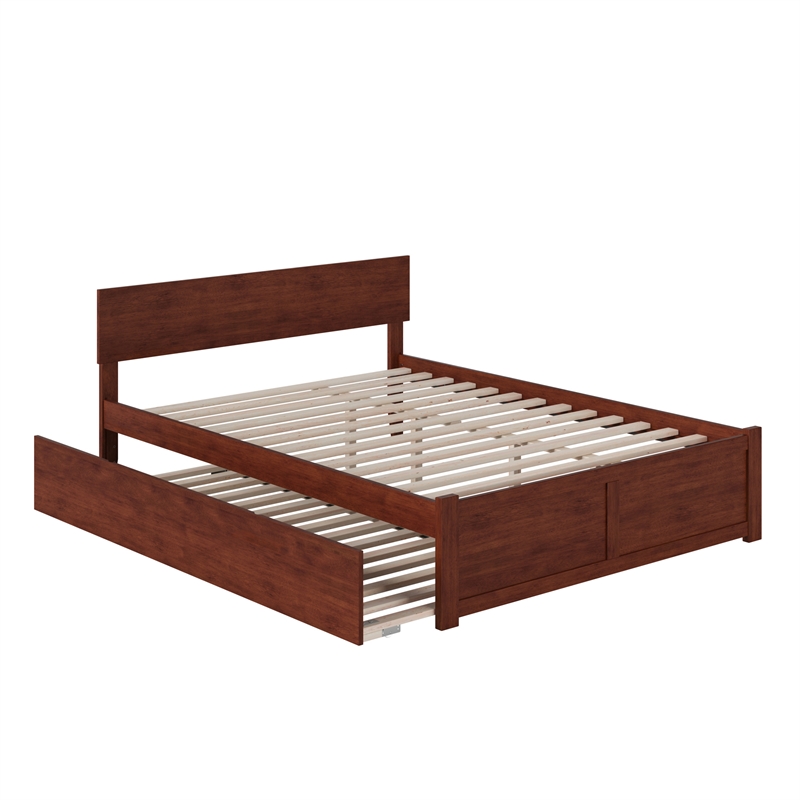 Orlando Full Wood Platform Bed with Footboard and Full Trundle in Walnut