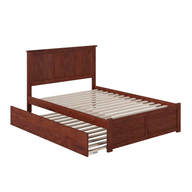 Madison Full Wood Platform Bed with Footboard and Full Trundle in Walnut