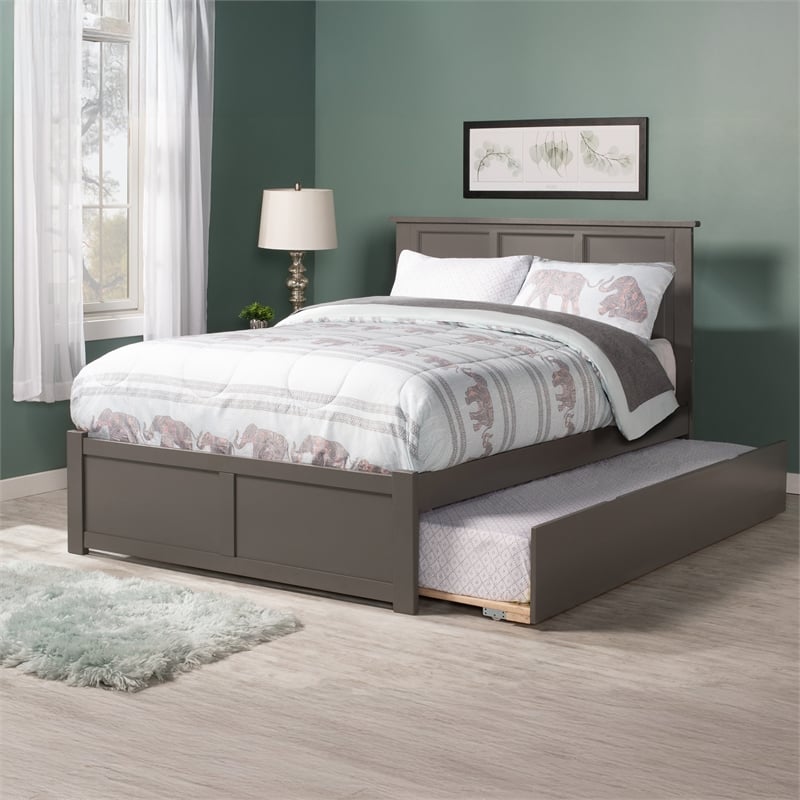 Madison Full Wood Platform Bed with Footboard and Full Trundle in Grey