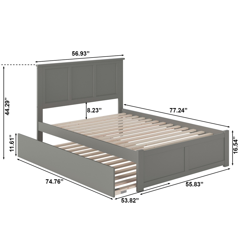 Madison Full Wood Platform Bed with Footboard and Full Trundle in Grey