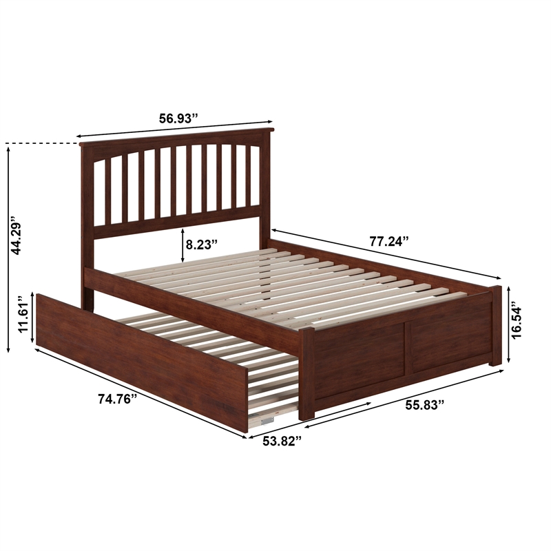 Mission Full Wood Platform Bed with Footboard and Full Trundle in Walnut