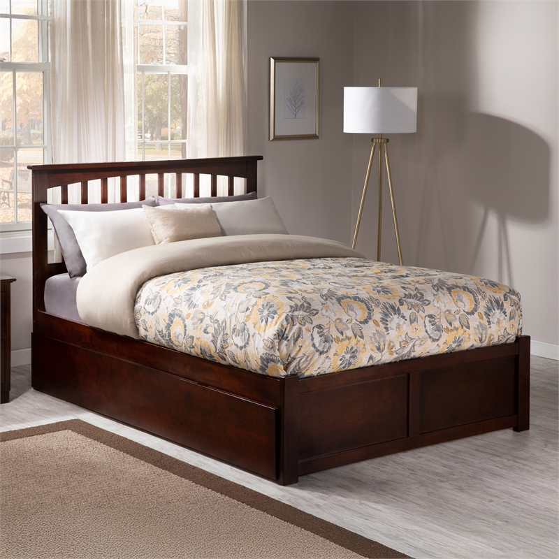 Mission Full Wood Platform Bed with Footboard and Full Trundle in Walnut