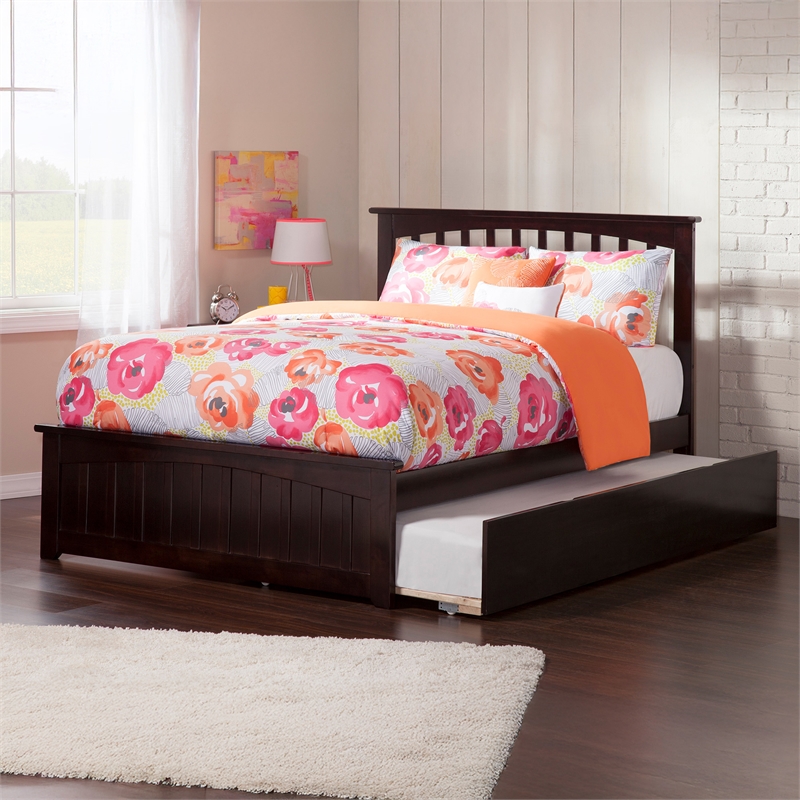 Mission Full Platform Bed with Matching Footboard & Full Trundle in Espresso