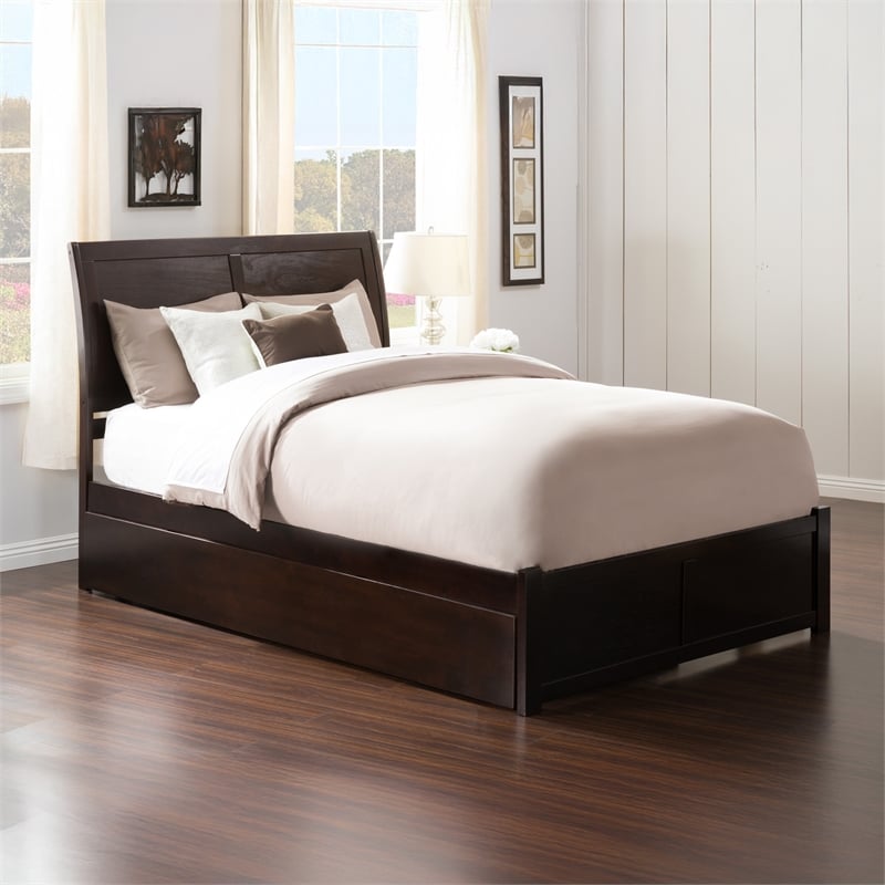 Portland Full Wood Platform Bed with Footboard and Full Trundle in Espresso