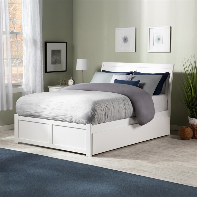 Portland Full Wood Platform Bed with Footboard and Full Trundle in White