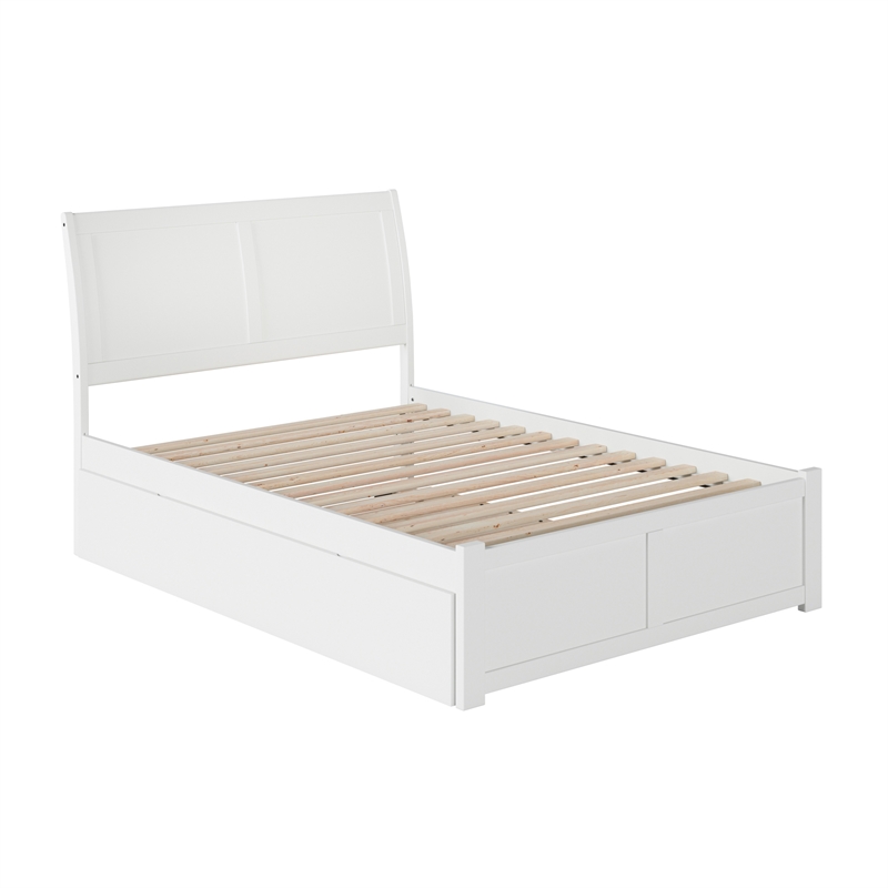 Portland Full Wood Platform Bed with Footboard and Full Trundle in White