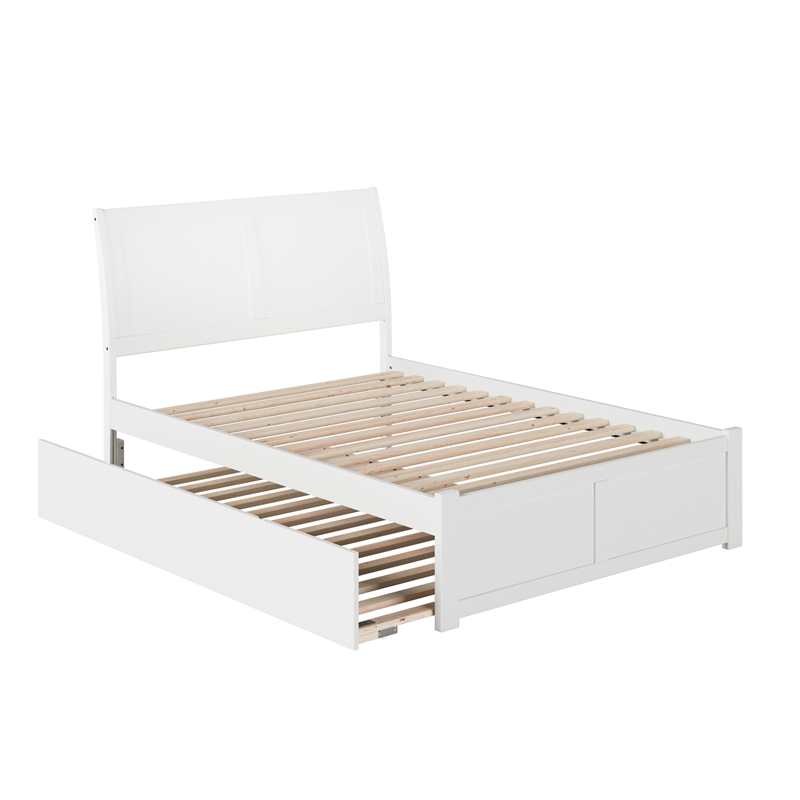 Portland Full Wood Platform Bed with Footboard and Full Trundle in White