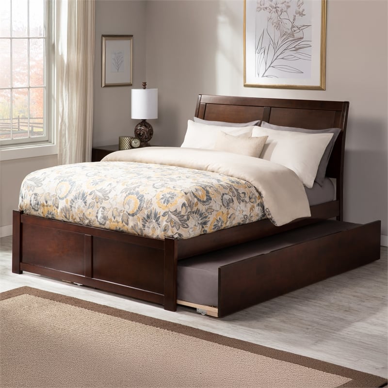Portland Full Wood Platform Bed with Footboard and Full Trundle in Walnut