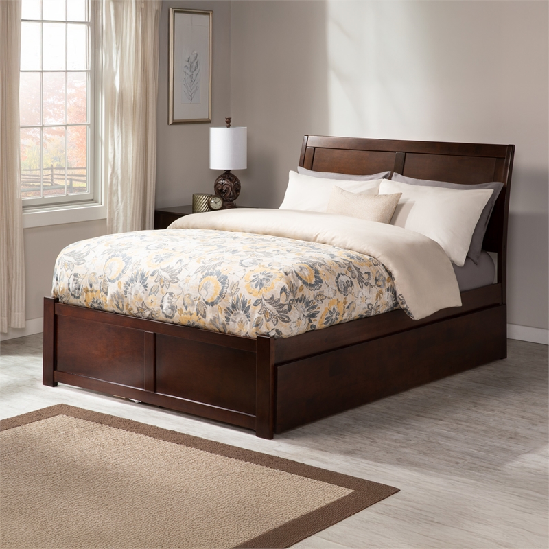 Portland Full Wood Platform Bed with Footboard and Full Trundle in Walnut