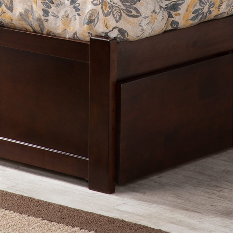 Portland Full Wood Platform Bed with Footboard and Full Trundle in Walnut