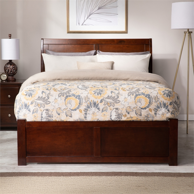 Portland Full Wood Platform Bed with Footboard and Full Trundle in Walnut