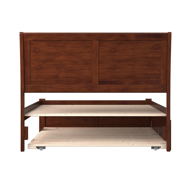 Portland Full Wood Platform Bed with Footboard and Full Trundle in Walnut