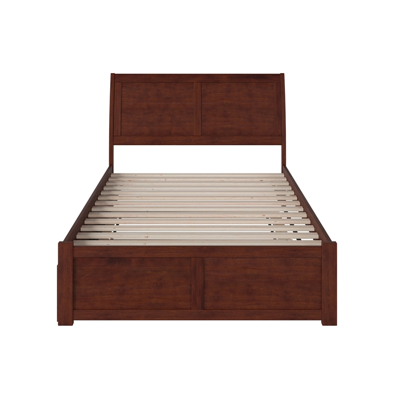 Portland Full Wood Platform Bed with Footboard and Full Trundle in Walnut