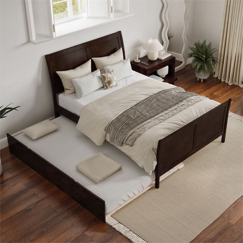 Portland Full Wood Platform Bed with Matching Footboard & Trundle in Espresso