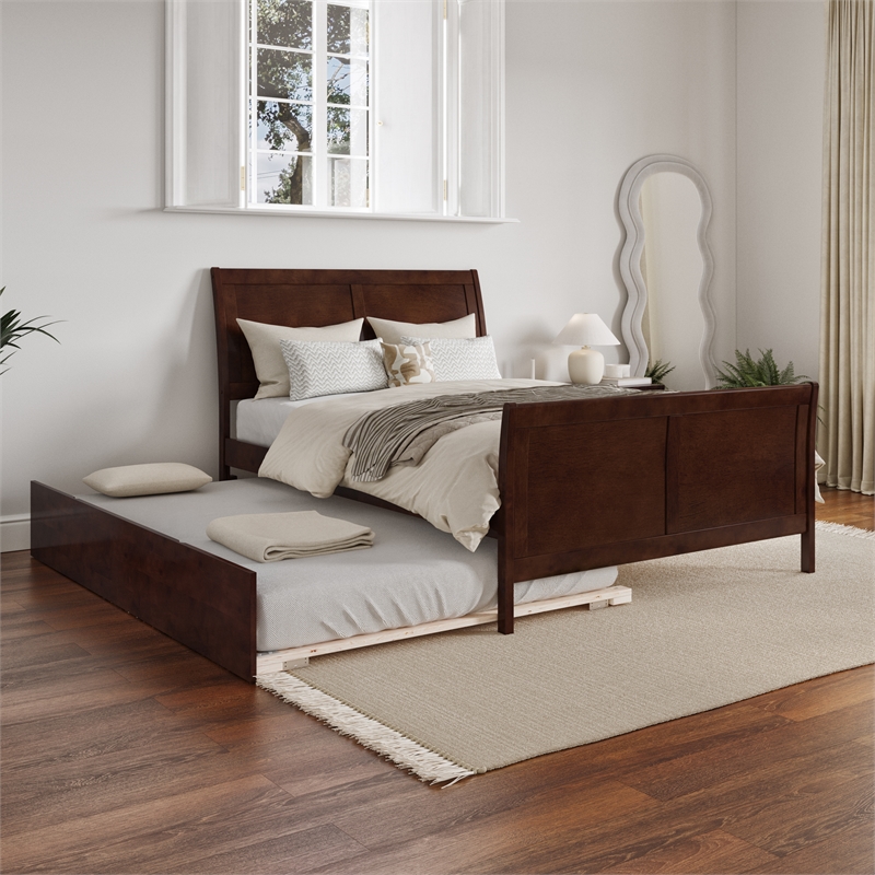 Portland Full Wood Platform Bed with Matching Footboard & Full Trundle in Walnut
