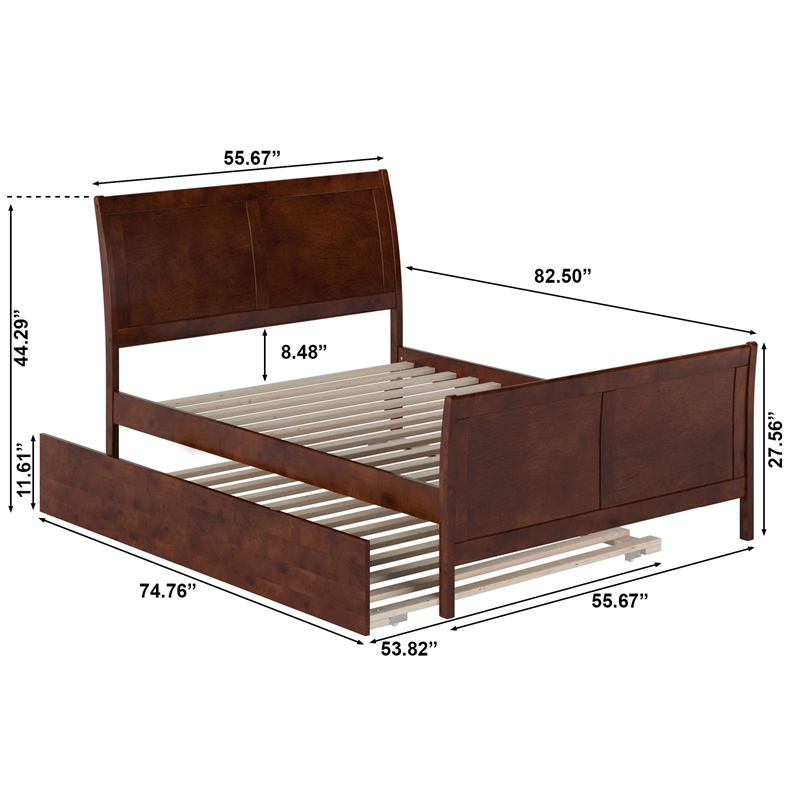 Portland Full Wood Platform Bed with Matching Footboard & Full Trundle in Walnut