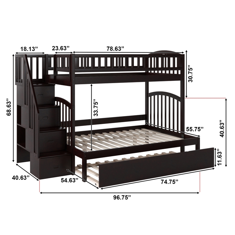 AFI Westbrook Wood Staircase Bunk Twin Over Full with Trundle in Espresso