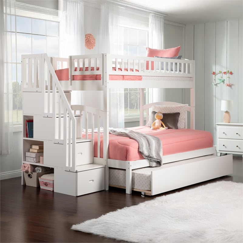 AFI Westbrook Wood Staircase Bunk Twin Over Full with Trundle in White