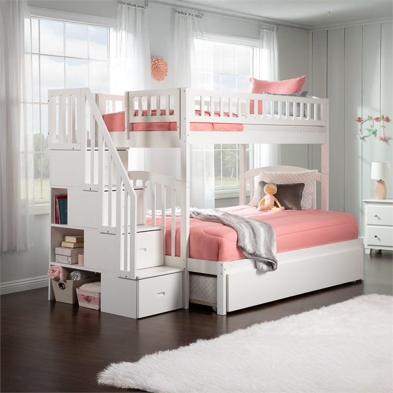 AFI Westbrook Wood Staircase Bunk Twin Over Full with Trundle in White