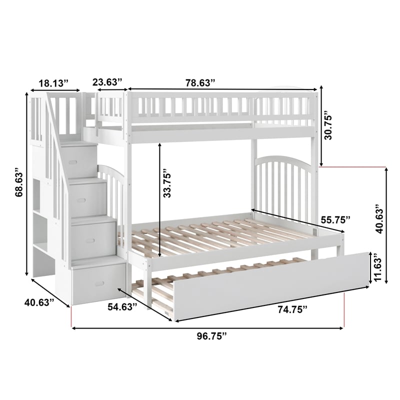 AFI Westbrook Wood Staircase Bunk Twin Over Full with Trundle in White