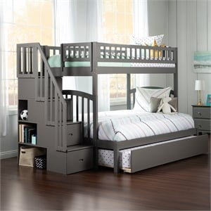 AFI Westbrook Wood Staircase Bunk Twin Over Full with Trundle in Grey