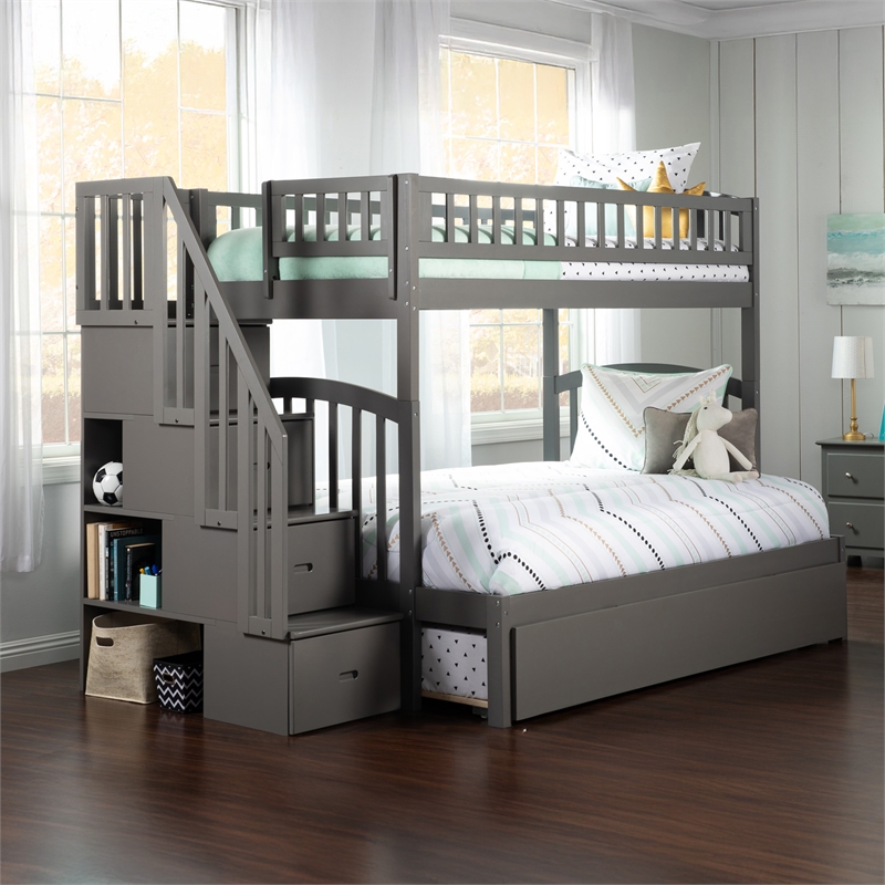 AFI Westbrook Wood Staircase Bunk Twin Over Full with Trundle in Grey