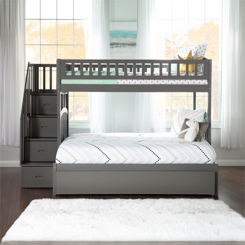 AFI Westbrook Wood Staircase Bunk Twin Over Full with Trundle in Grey