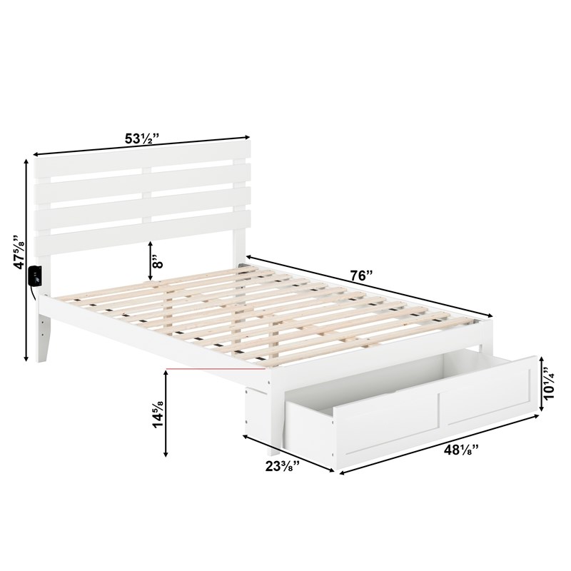 AFI Oxford Solid Wood Full Bed with Foot Drawer with USB Charger in White