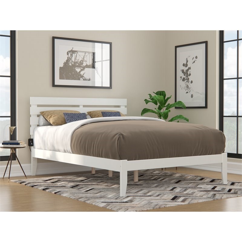 AFI Oxford Solid Wood Queen Bed with USB Charging Station in White
