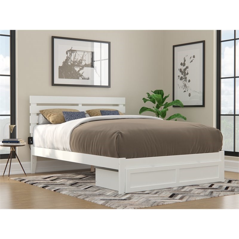 AFI Oxford Solid Wood Queen Platform Bed with Foot Drawer in White