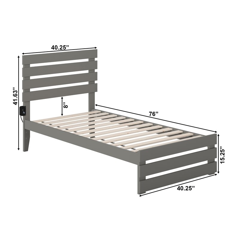 AFI Oxford Solid Wood Twin Bed with Footboard with USB Charging Station in Gray