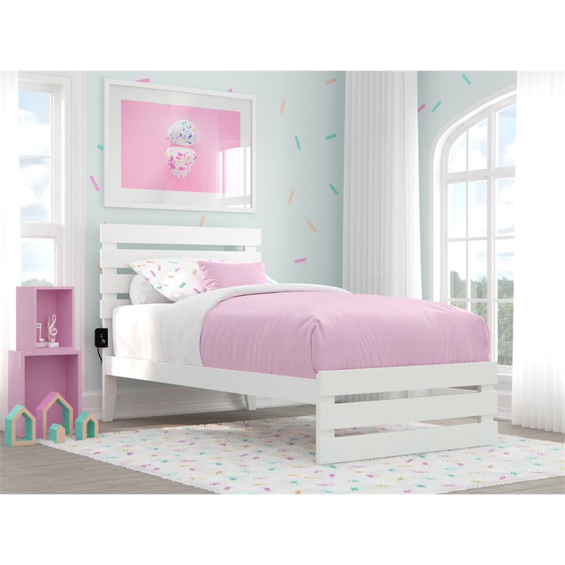 AFI Oxford Solid Wood Twin Bed with Footboard with USB Charger in White