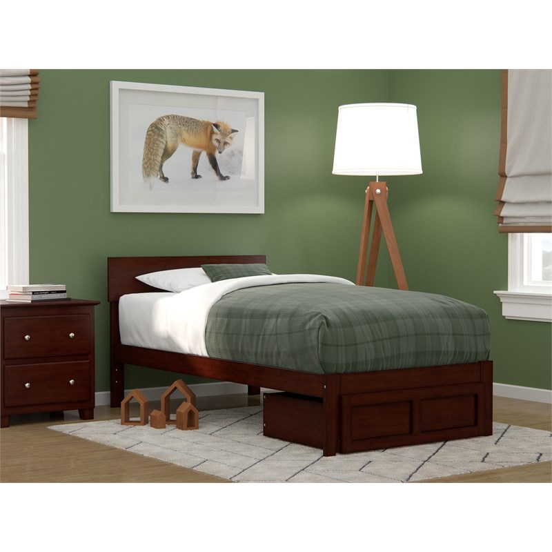 AFI Boston Solid Wood Modern Twin Bed with Foot Drawer in Walnut