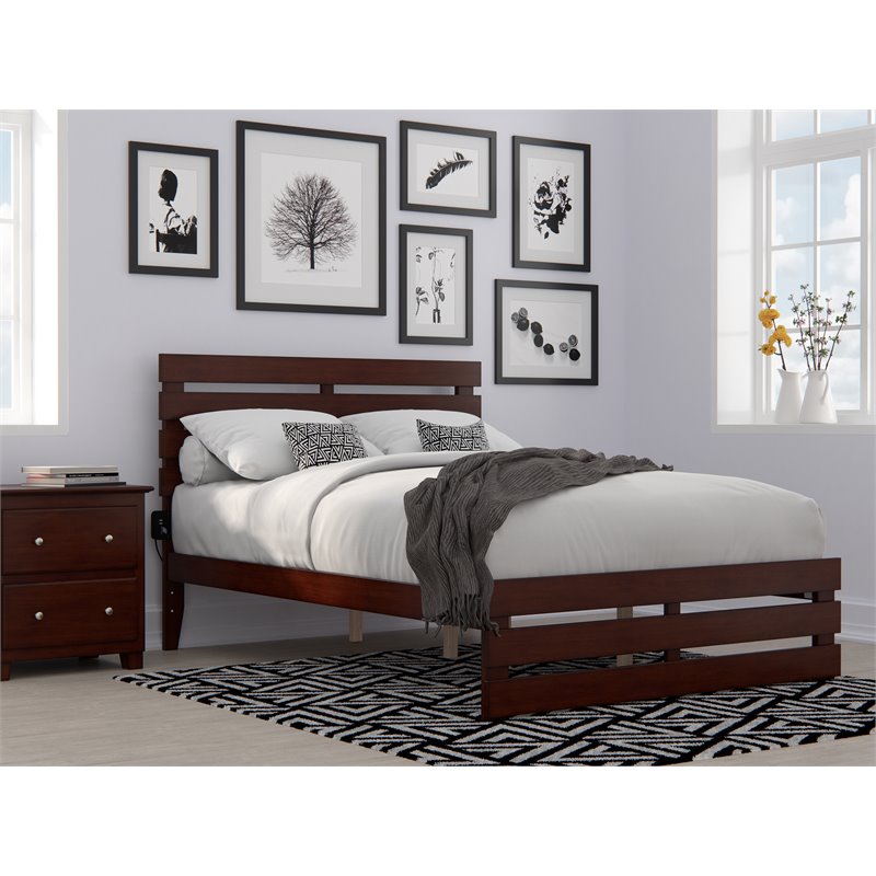 AFI Oxford Solid Wood Full Bed with Footboard and USB Charger in Walnut
