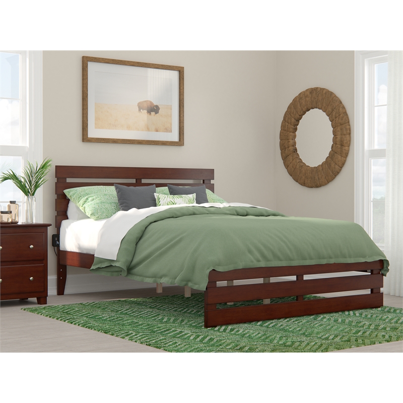 AFI Oxford Solid Wood Queen Bed with Footboard and USB Charger in Walnut
