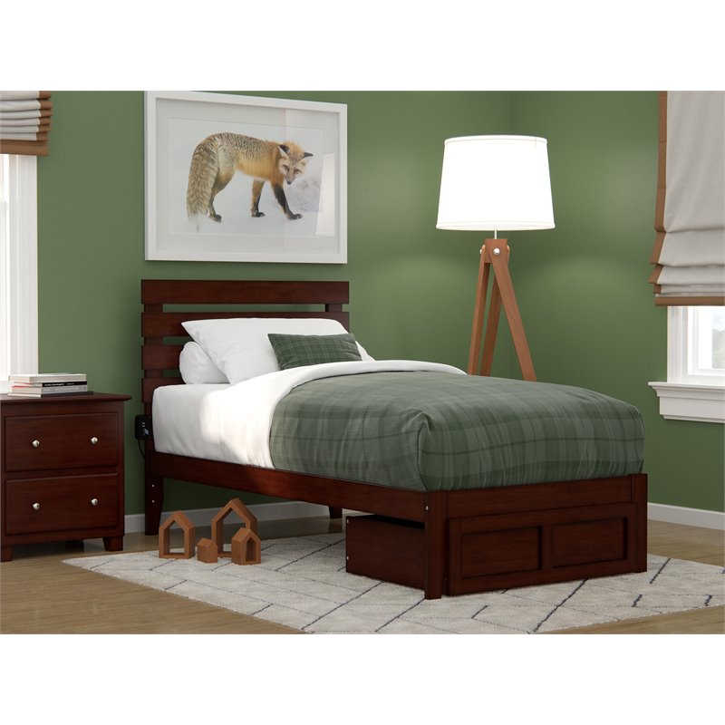 AFI Oxford Solid Wood Twin Bed with Foot Drawer and USB Charger in Walnut