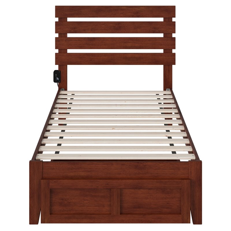 AFI Oxford Solid Wood Twin Bed with Foot Drawer and USB Charger in Walnut