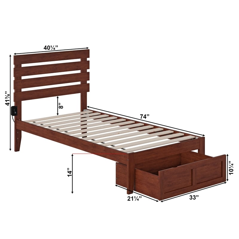 AFI Oxford Solid Wood Twin Bed with Foot Drawer and USB Charger in Walnut