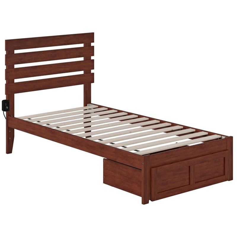 AFI Oxford Solid Wood Twin Bed with Foot Drawer and USB Charger in Walnut