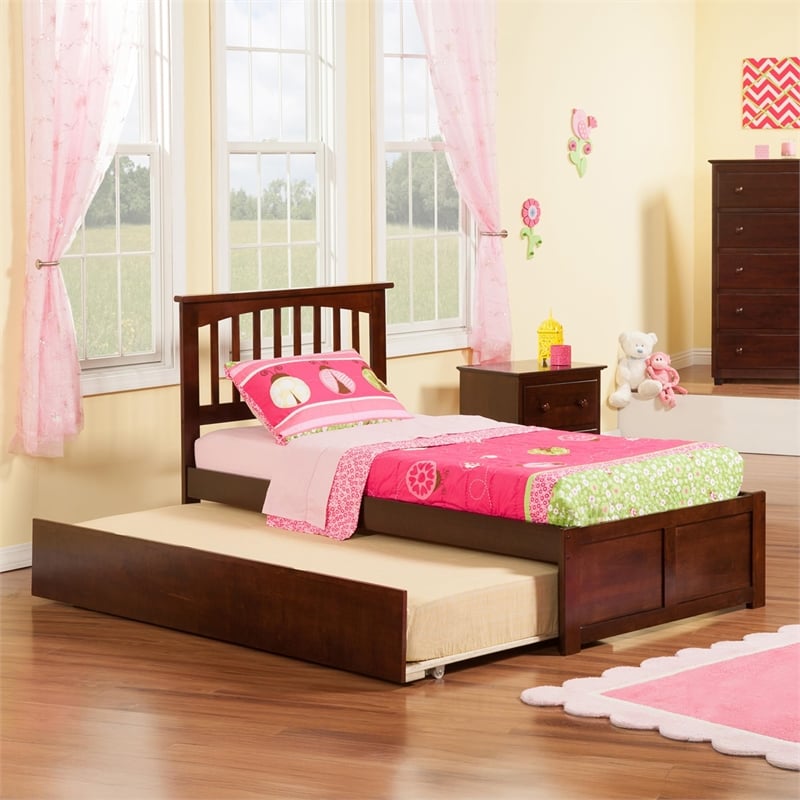 Mission Twin XL Wood Platform Bed with Footboard and Twin XL Trundle in Walnut