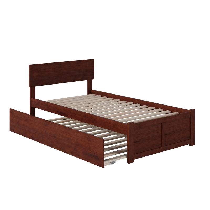 Orlando Twin XL Wood Platform Bed with Footboard and Twin XL Trundle in Walnut