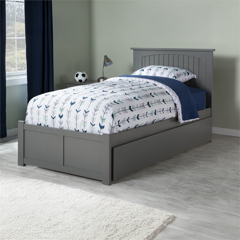 Nantucket Twin XL Wood Platform Bed with Footboard and Twin XL Trundle in Grey