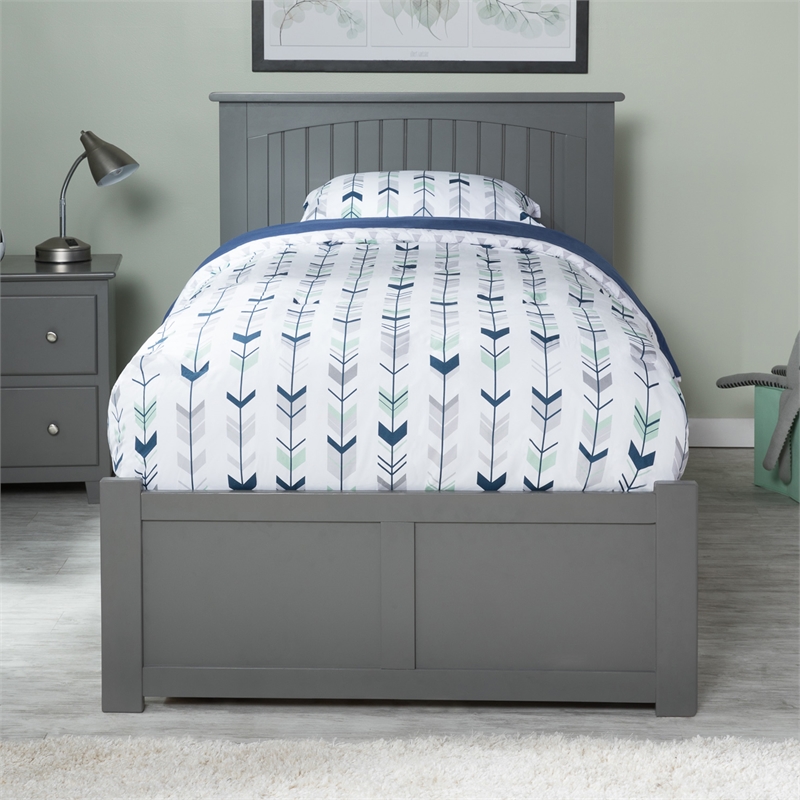 Nantucket Twin XL Wood Platform Bed with Footboard and Twin XL Trundle in Grey